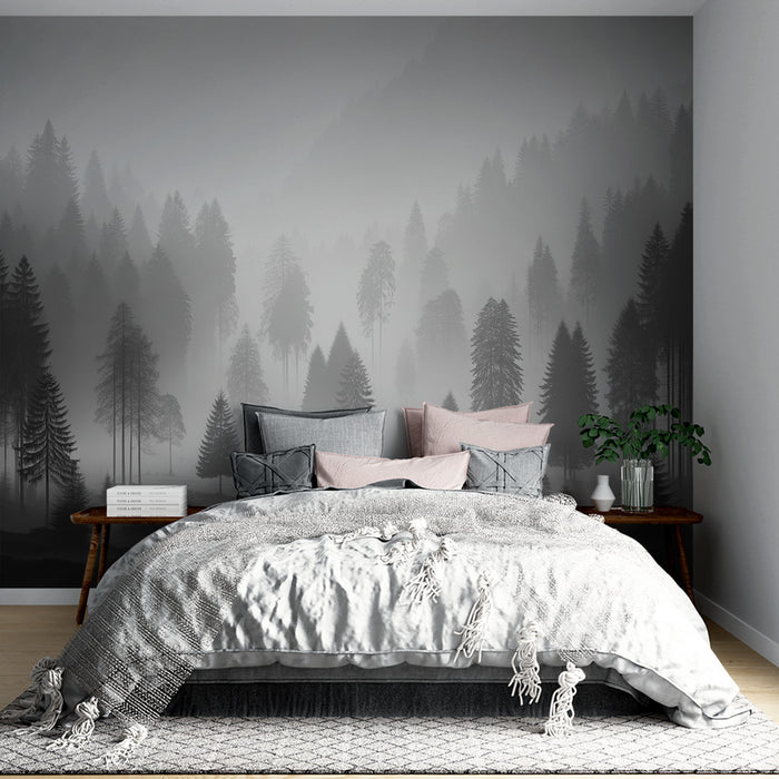 Papier peint forêt brumeuse | Forêt fantomatique en nuances de gris