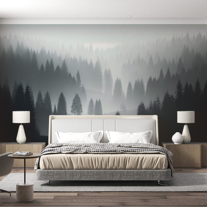 Papier peint forêt brumeuse | Paysage de forêt en teintes de gris avec brume matinale