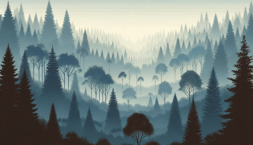 Papier peint représentant une forêt brumeuse aux teintes bleutées et grises, créant une atmosphère apaisante et mystérieuse.