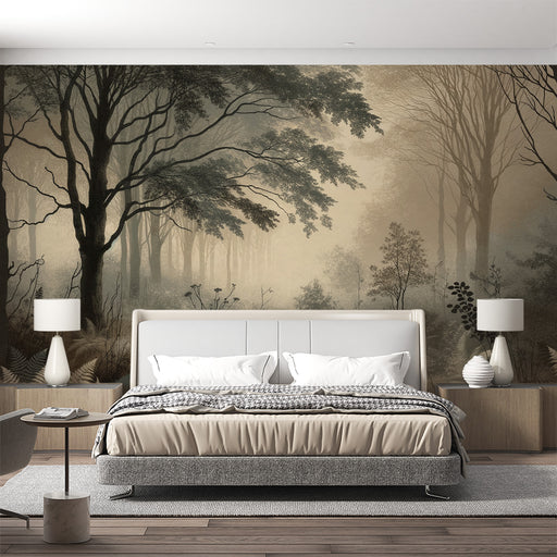 Une chambre apaisante avec un papier peint représentant une forêt brumeuse en nuances de gris et beige, créant une atmosphère sereine et naturelle.