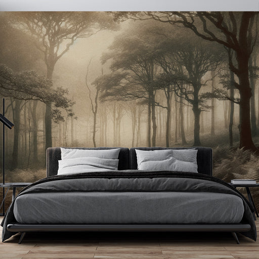 Une chambre moderne avec un papier peint représentant une forêt brumeuse en nuances de sepia, créant une atmosphère mystérieuse et apaisante.