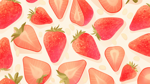 Papier peint illustrant des fraises aux teintes roses et rouges sur fond clair, créant une ambiance fraîche et fruitée, idéale pour une cuisine joyeuse.