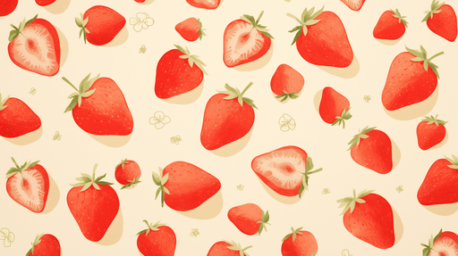 Papier peint illustré avec des fraises rouges sur fond crème, créant une ambiance joyeuse et estivale, évoquant la fraîcheur et la gourmandise.