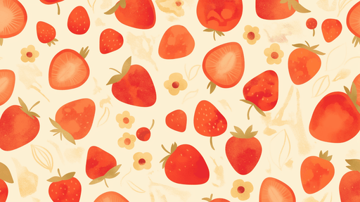 Papier peint aux motifs de fraises rouges et de fleurs jaunes sur fond crème, créant une ambiance joyeuse et fruitée, idéale pour une décoration estivale.