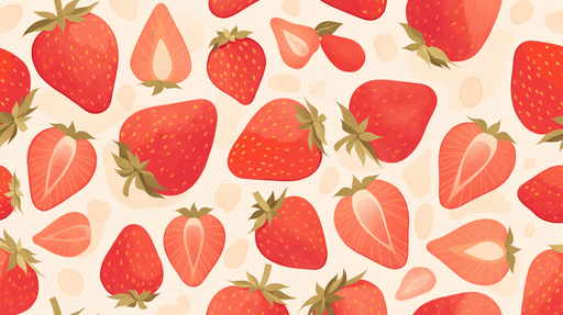 Papier peint illustrant des fraises rouges aux formes variées sur un fond crème, dégageant une ambiance joyeuse et fraîche.