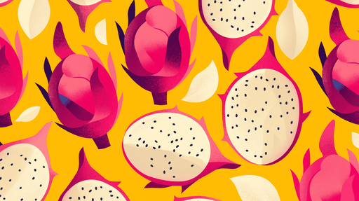 Papier peint vibrant aux motifs de fruits du dragon et de fleurs stylisées sur fond jaune, dégageant une ambiance joyeuse et tropicale.