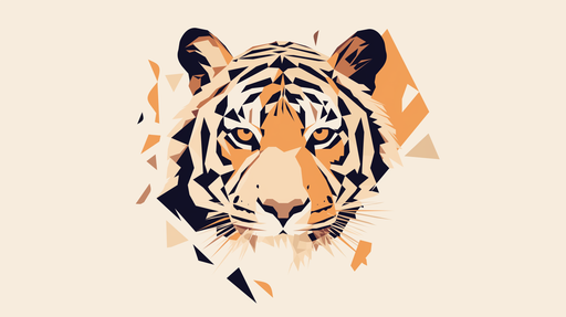Papier peint illustrant un tigre stylisé aux formes géométriques, mêlant des teintes orange, noir et beige, créant une ambiance dynamique et moderne.