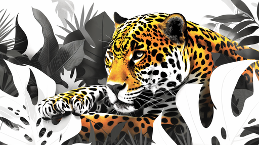 Papier peint illustrant un jaguar majestueux parmi des feuillages stylisés en noir et blanc, créant une ambiance sauvage et captivante.