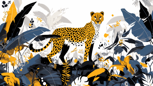 Papier peint illustrant un léopard stylisé au milieu de feuillages exotiques, avec des teintes vives de jaune, noir et bleu, créant une ambiance dynamique et sauvage.