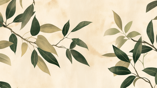 Papier peint aux motifs de feuilles délicates dans des teintes vertes et beiges sur fond crème, créant une atmosphère naturelle et apaisante.