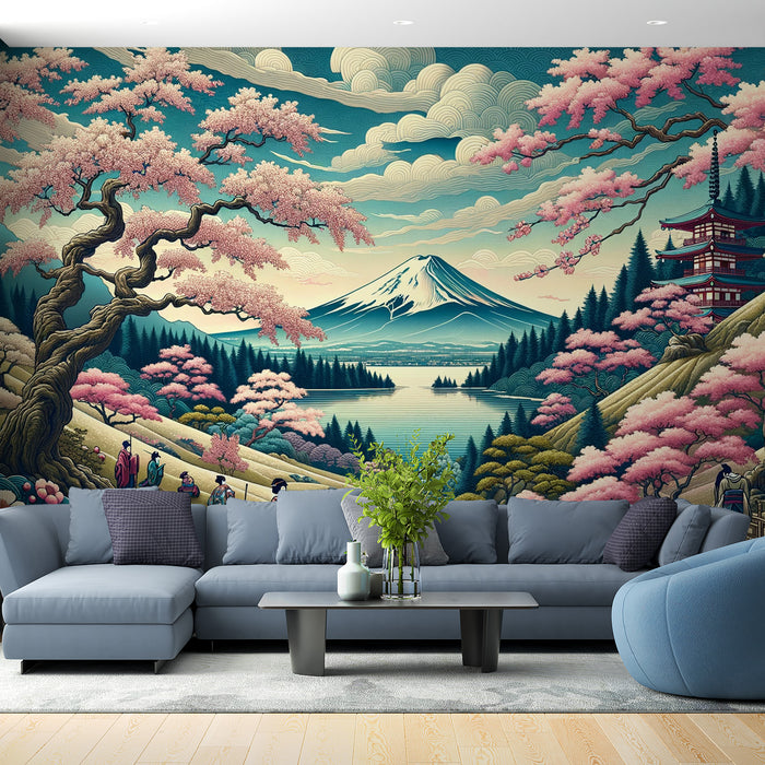 Papier peint japonais | Illustration colorée du Mont Fuji et de la vie en montagne au japon