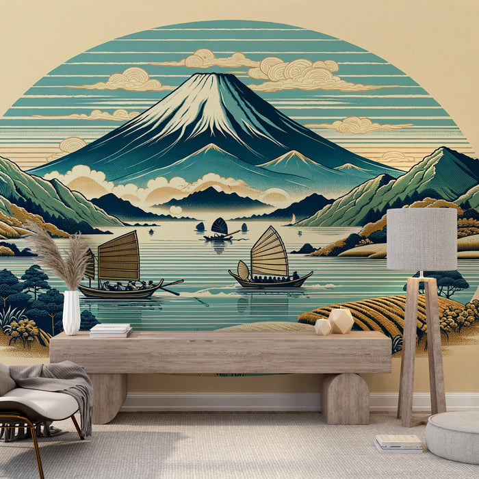 Papier peint japonais | Mont Fuji, lac japonais et voilier en bois