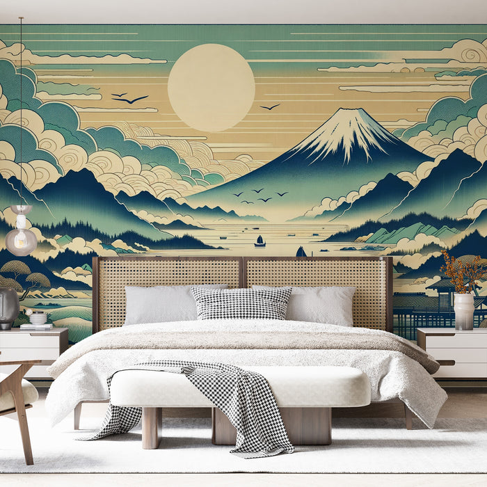 Papier peint japonais | Mont Fuji, nuages blancs japonais et bateaux