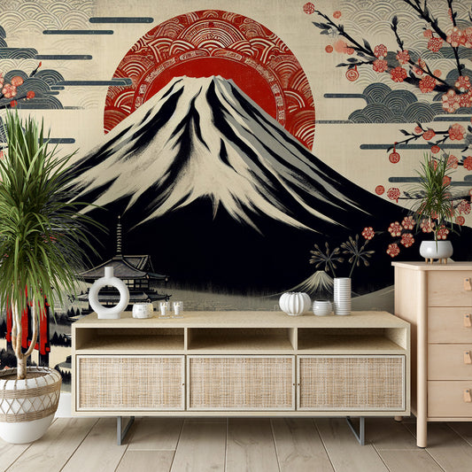 Papier peint japonais | Mont Fuji et temple japonais aux tons rouges et noirs
