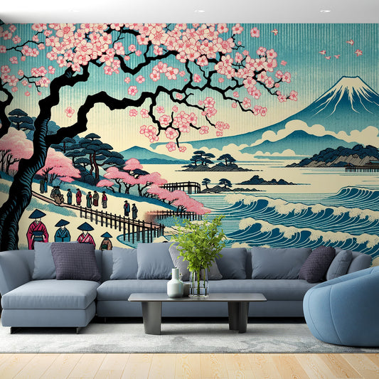 Papier peint japonais | Peinture colorée vague et Mont Fuji