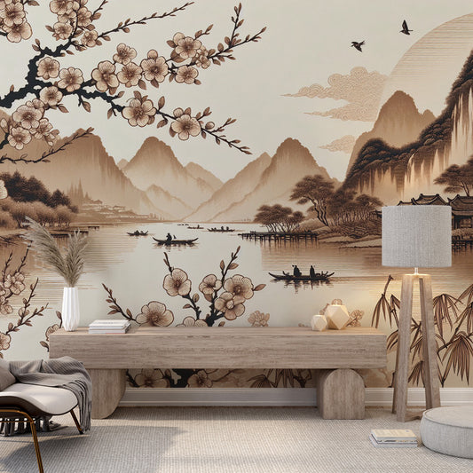Papier peint japonais | Sakura et lac calme sur tons beige
