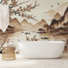 Une salle de bain élégante avec un papier peint représentant un paysage asiatique en nuances de beige, évoquant sérénité et harmonie naturelle.