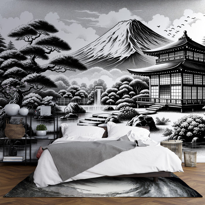 Papier peint japonais noir et blanc | Dessin d'un temple au pied du Mont Fuji