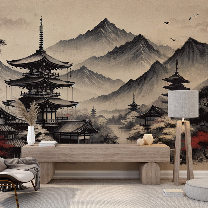 Papier peint japonais zen | Ambiance noire et rouge avec lac et temple