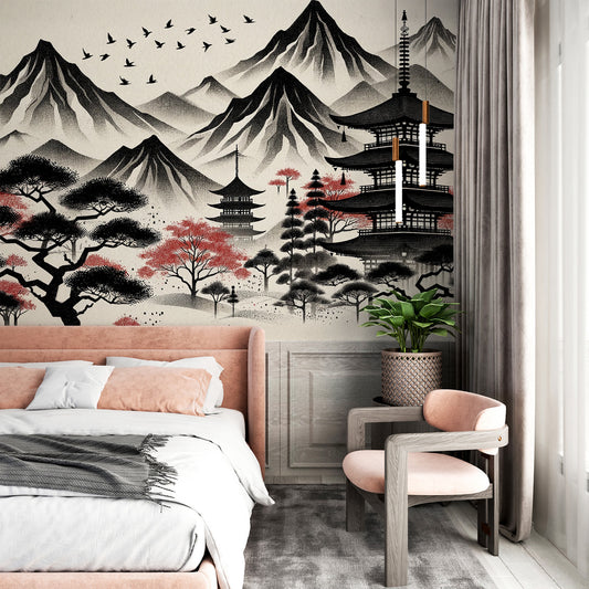 Papier peint japonais zen | Temple, oiseaux et montagnes aux tons noirs et rouges