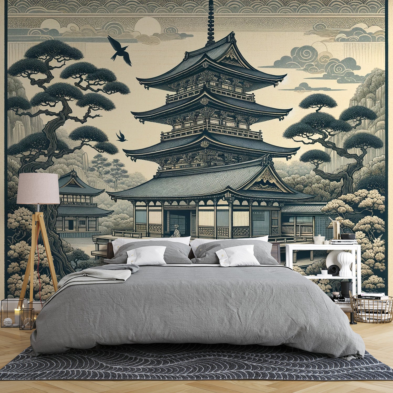Papier peint japonais zen | Temple aux couleurs neutres et douces ...