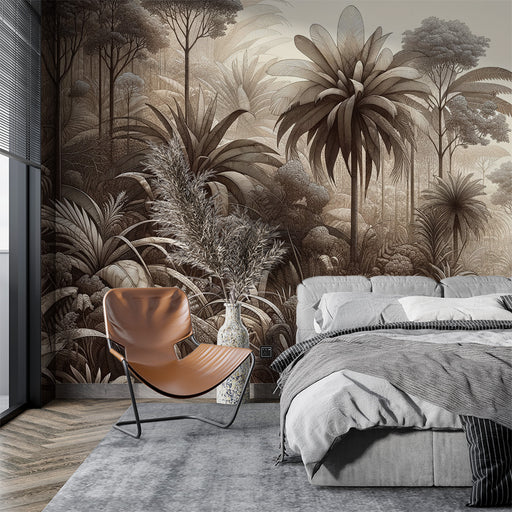 Une chambre moderne avec un papier peint tropical en nuances de brun représentant une jungle luxuriante, créant une atmosphère chaleureuse et apaisante.