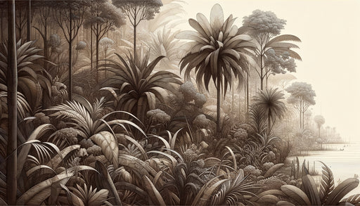 Papier peint tropical aux nuances de beige et marron, représentant une végétation luxuriante et détaillée, créant une atmosphère apaisante et naturelle.