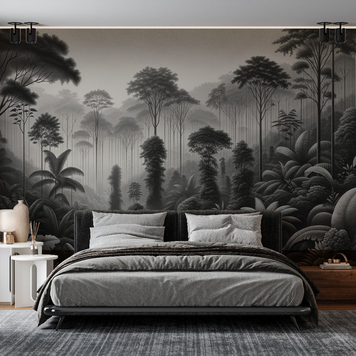 Papier peint jungle | Forêt tropicale monochrome avec végétation luxuriante
