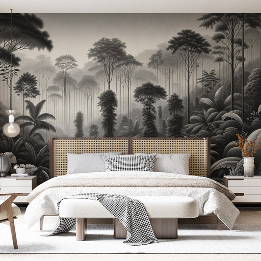 Une chambre élégante avec un papier peint représentant une forêt en noir et blanc, créant une atmosphère apaisante et mystérieuse.