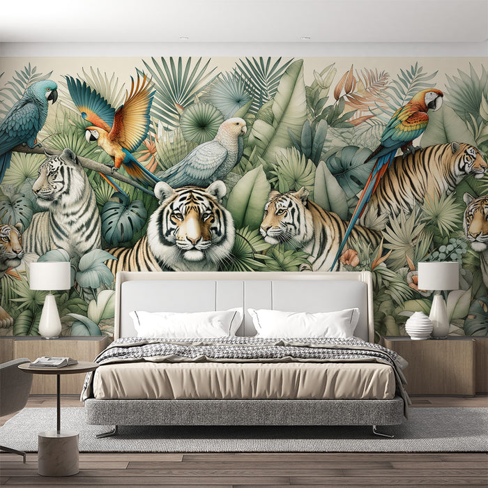 Papier peint jungle | Tigres et perroquets parmi la végétation tropicale