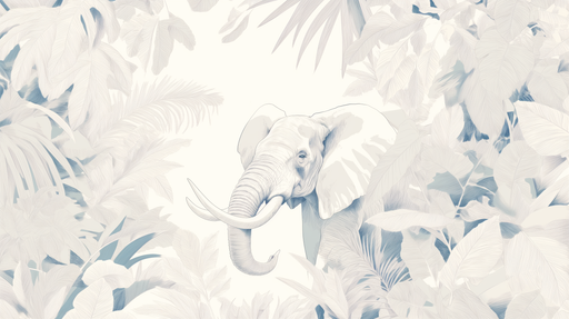 Papier peint illustrant un éléphant majestueux entouré de feuillages délicats dans des teintes douces de bleu et de blanc, créant une atmosphère sereine et exotique.