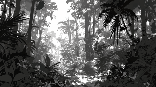 Papier peint monochrome représentant une jungle dense avec des silhouettes de plantes et d'arbres, créant une atmosphère mystérieuse et immersive.