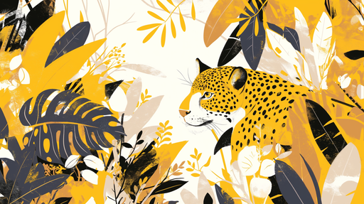 Papier peint tropical vibrant avec un léopard stylisé entouré de feuillages jaunes et noirs, créant une ambiance sauvage et dynamique.