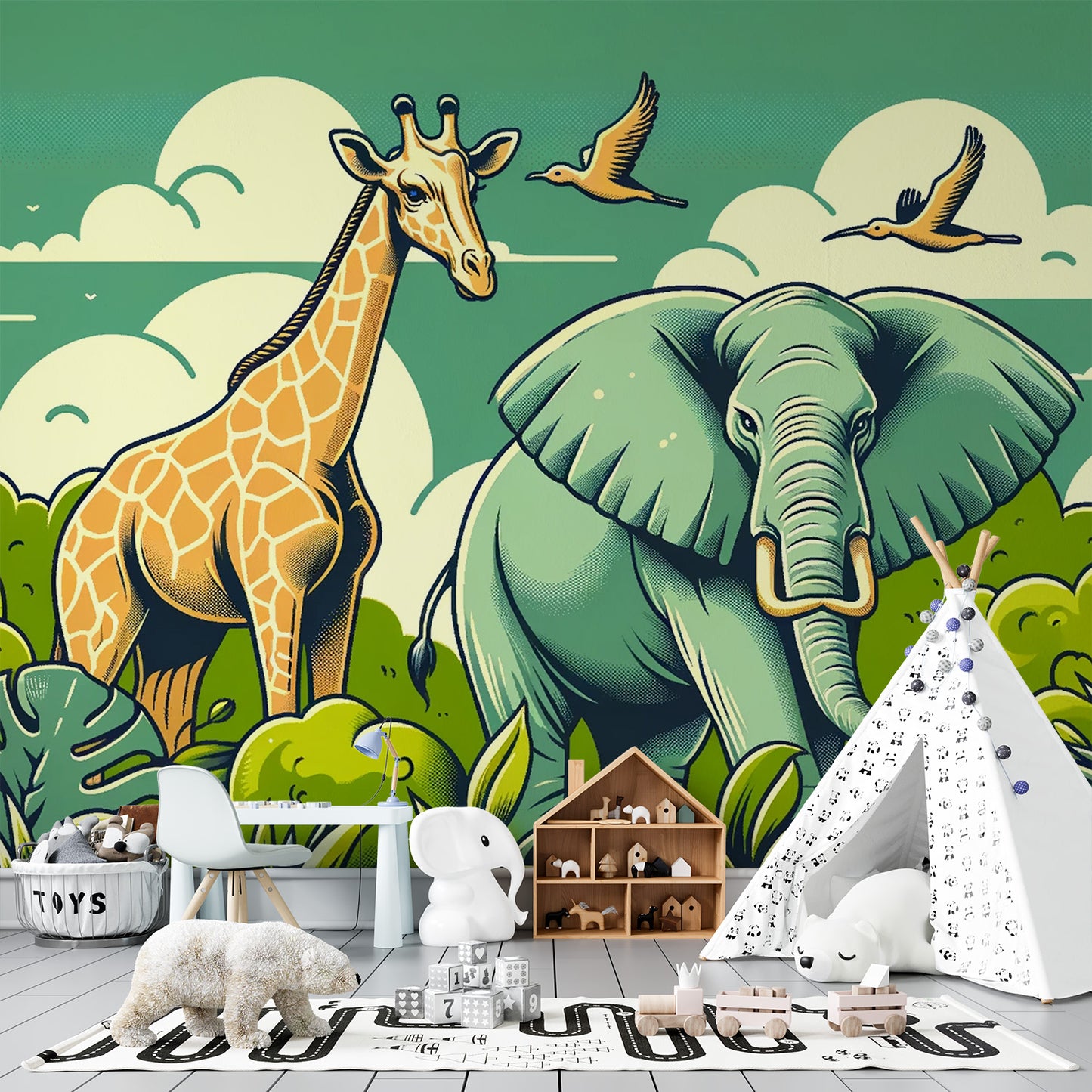 Papier peint jungle  | Girafe, éléphant, nuages et oiseaux