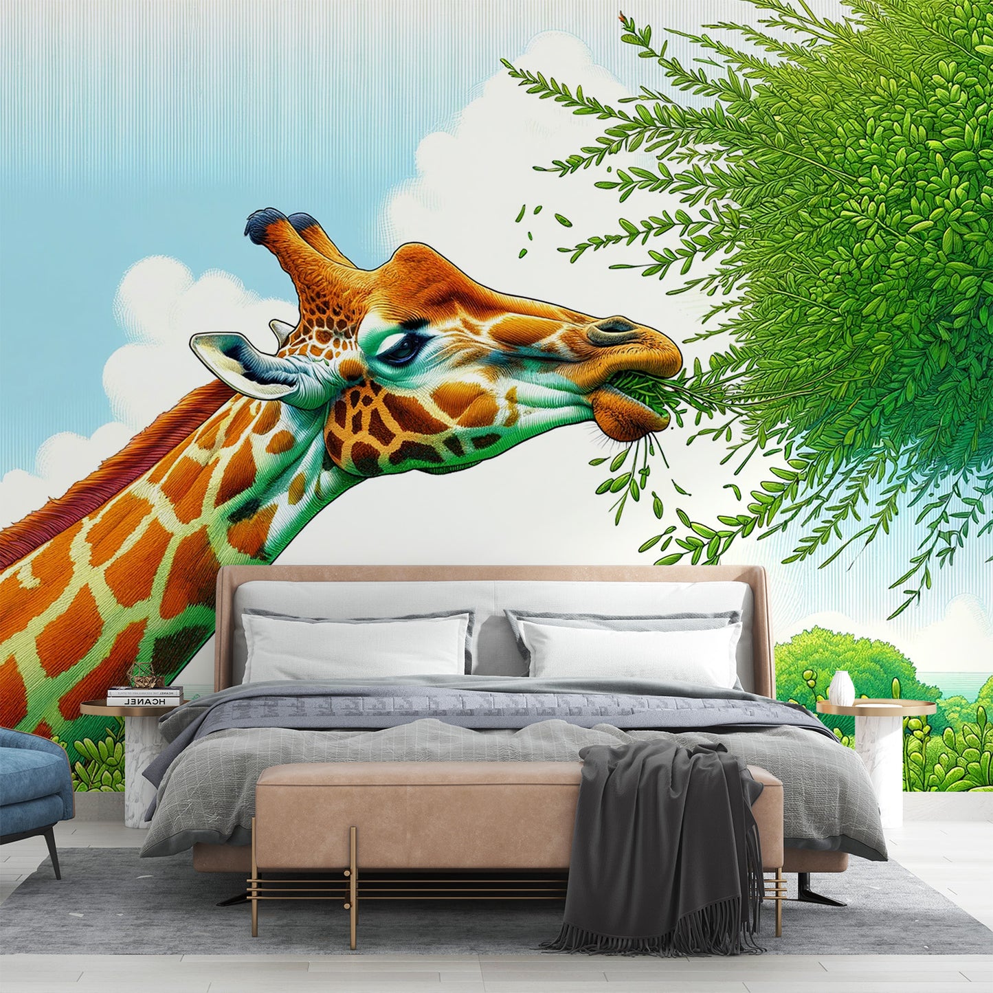 Papier peint jungle | Girafe, nuage et verdure
