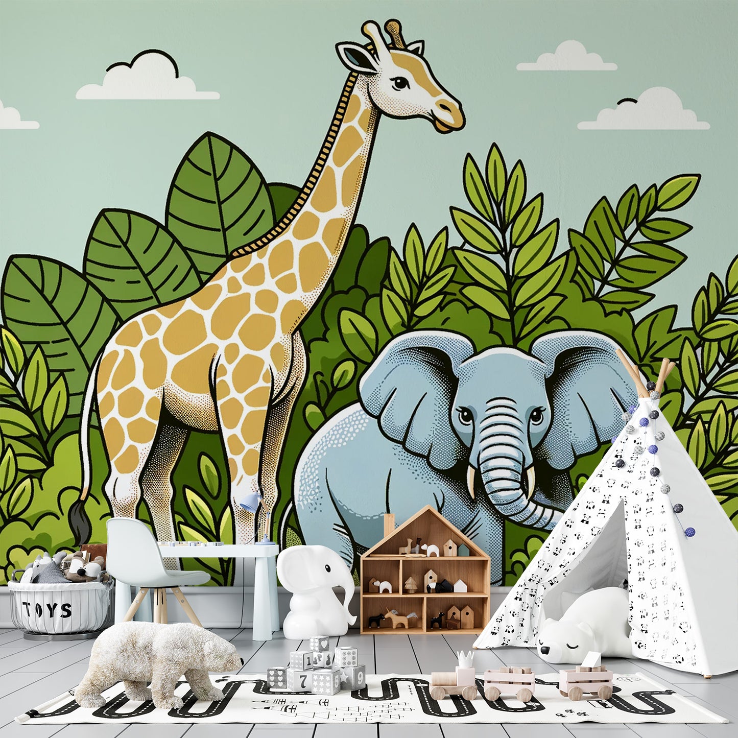 Papier peint jungle bébé | Éléphant et Girafe dans les feuillages