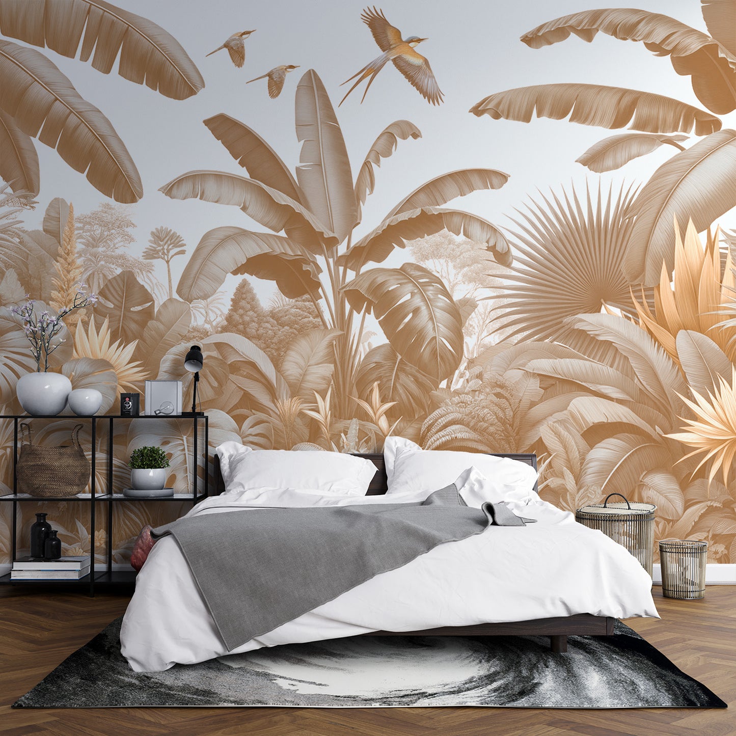 Papier peint jungle beige | Bananiers beiges et oiseaux