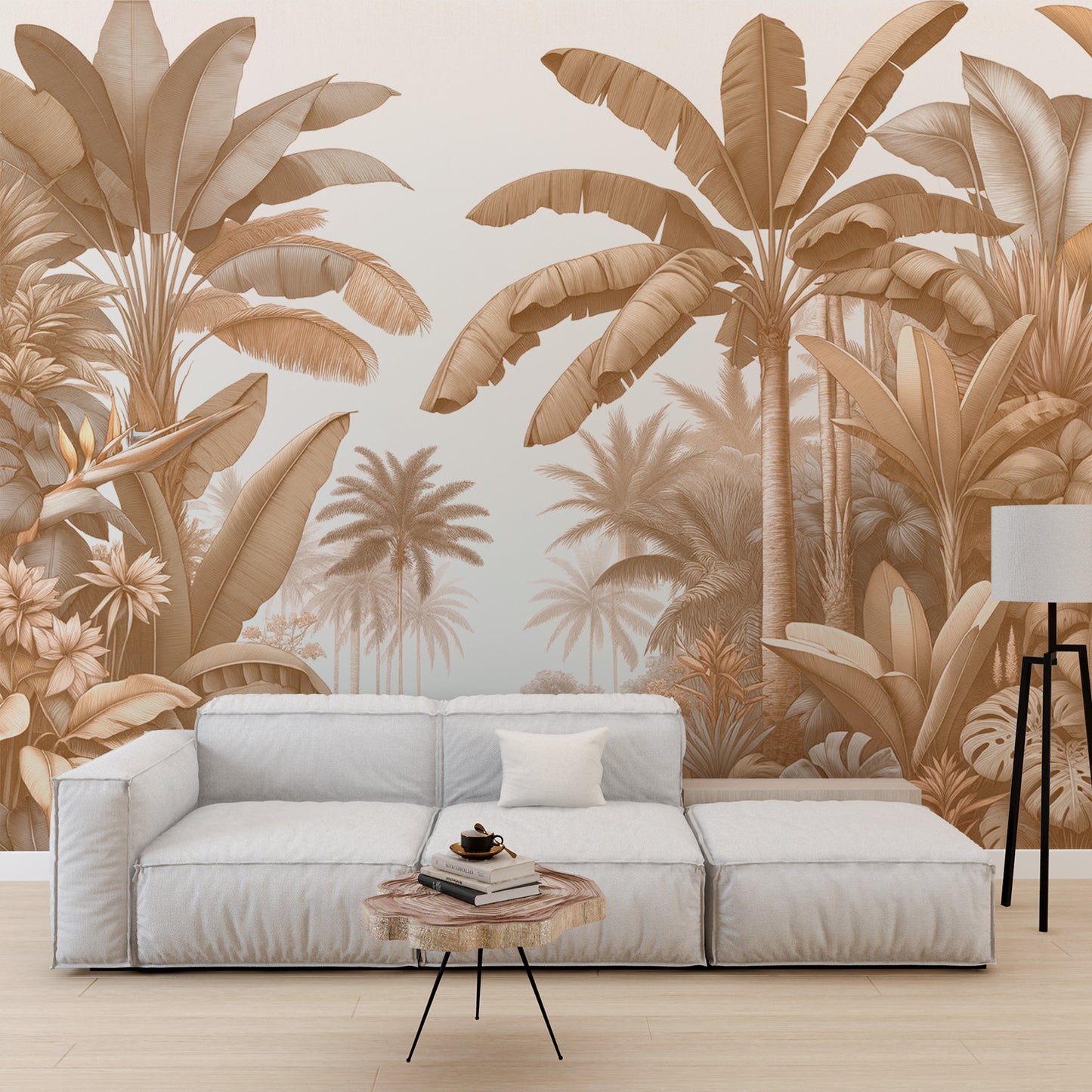 Papier peint jungle beige | Palmiers et bananiers fond blanc