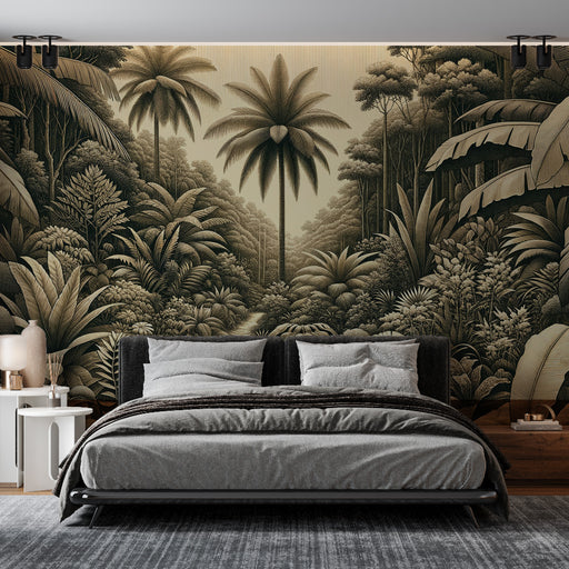 Une chambre moderne avec un papier peint tropical représentant une jungle luxuriante en nuances de vert et beige, créant une atmosphère apaisante et naturelle.