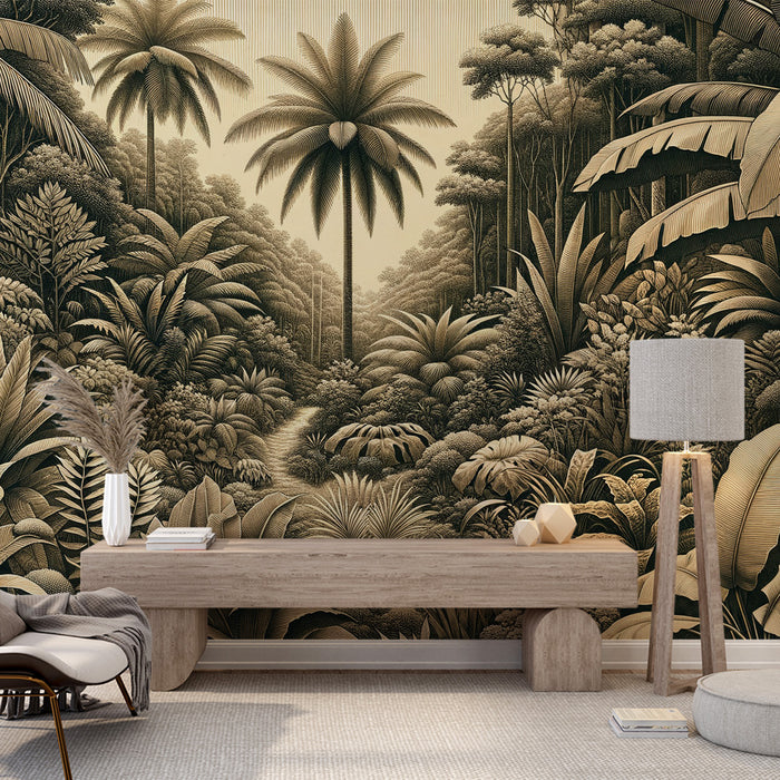 Papier peint jungle beige | Palmiers et feuillages massifs