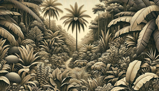 Papier peint tropical en nuances de beige et brun, représentant une jungle luxuriante avec des palmiers et une végétation dense, évoquant une ambiance sereine et exotique.
