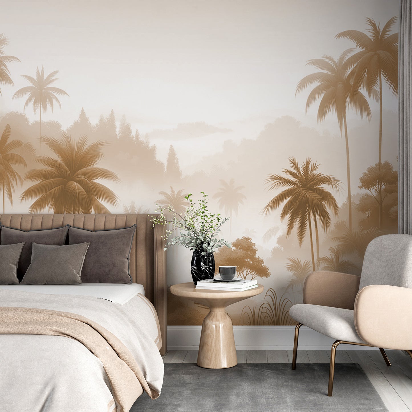 Papier peint jungle beige | Vallée de palmiers beiges et brume