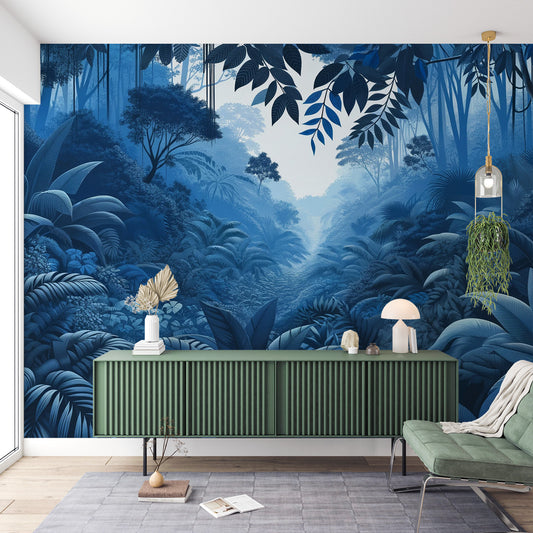 Papier peint jungle bleu | Arbres et feuillages massifs