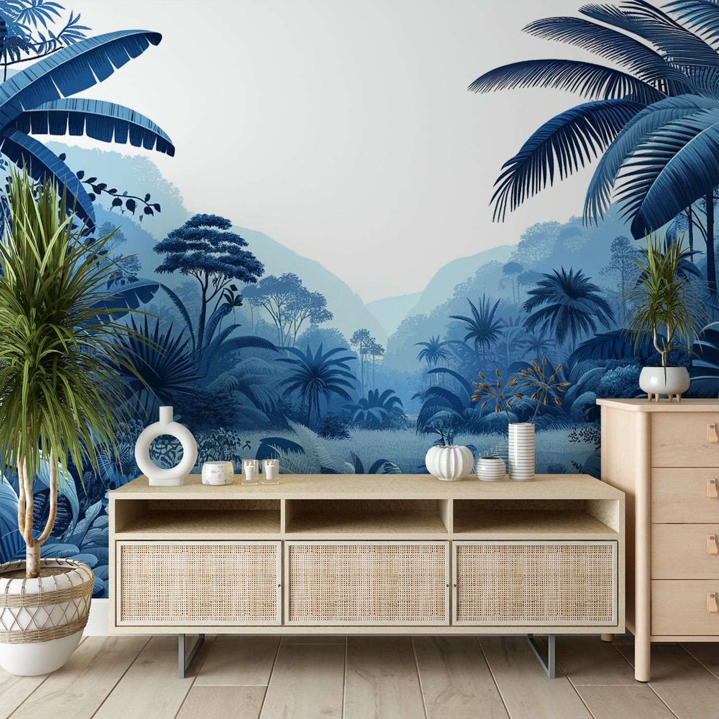 Papier peint jungle bleu | Palmiers, feuillages et montagnes ...