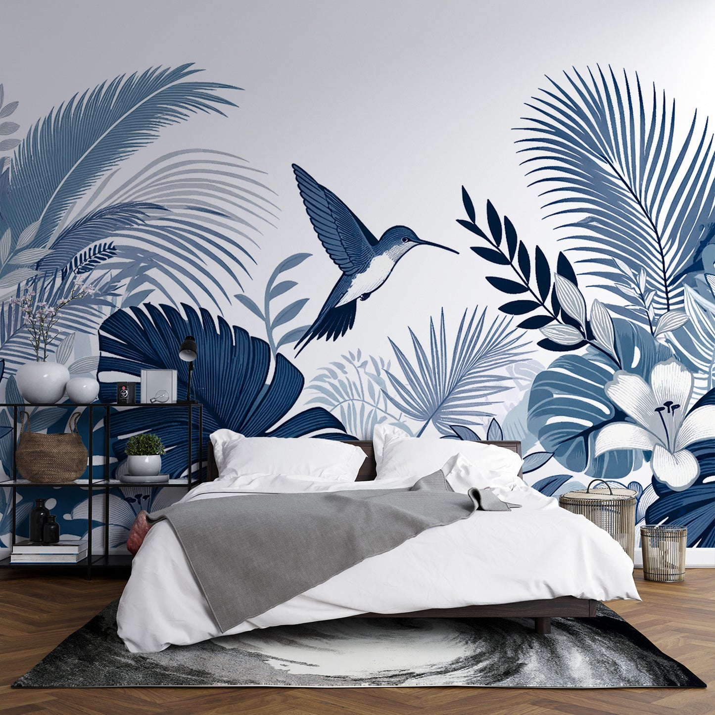 Papier peint jungle bleu canard | Colibri et feuillages vintages