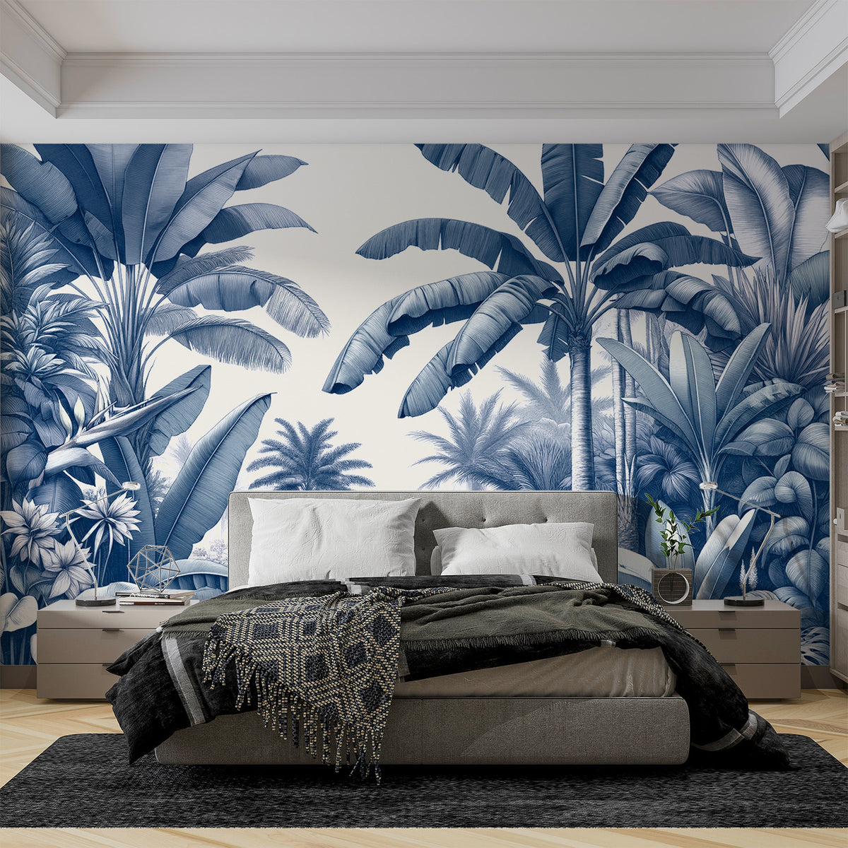 Papier peint jungle bleu canard | Palmiers et bananiers fond blanc ...