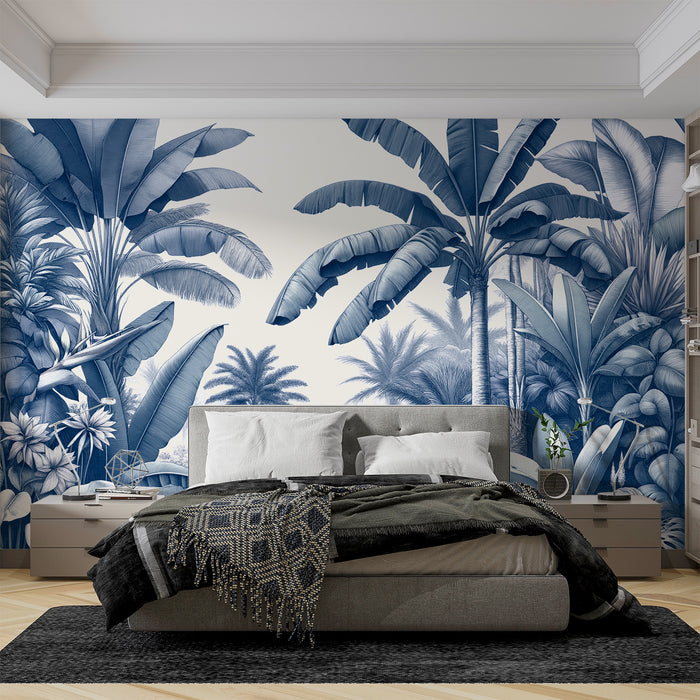 Papier peint jungle bleu canard | Palmiers et bananiers fond blanc