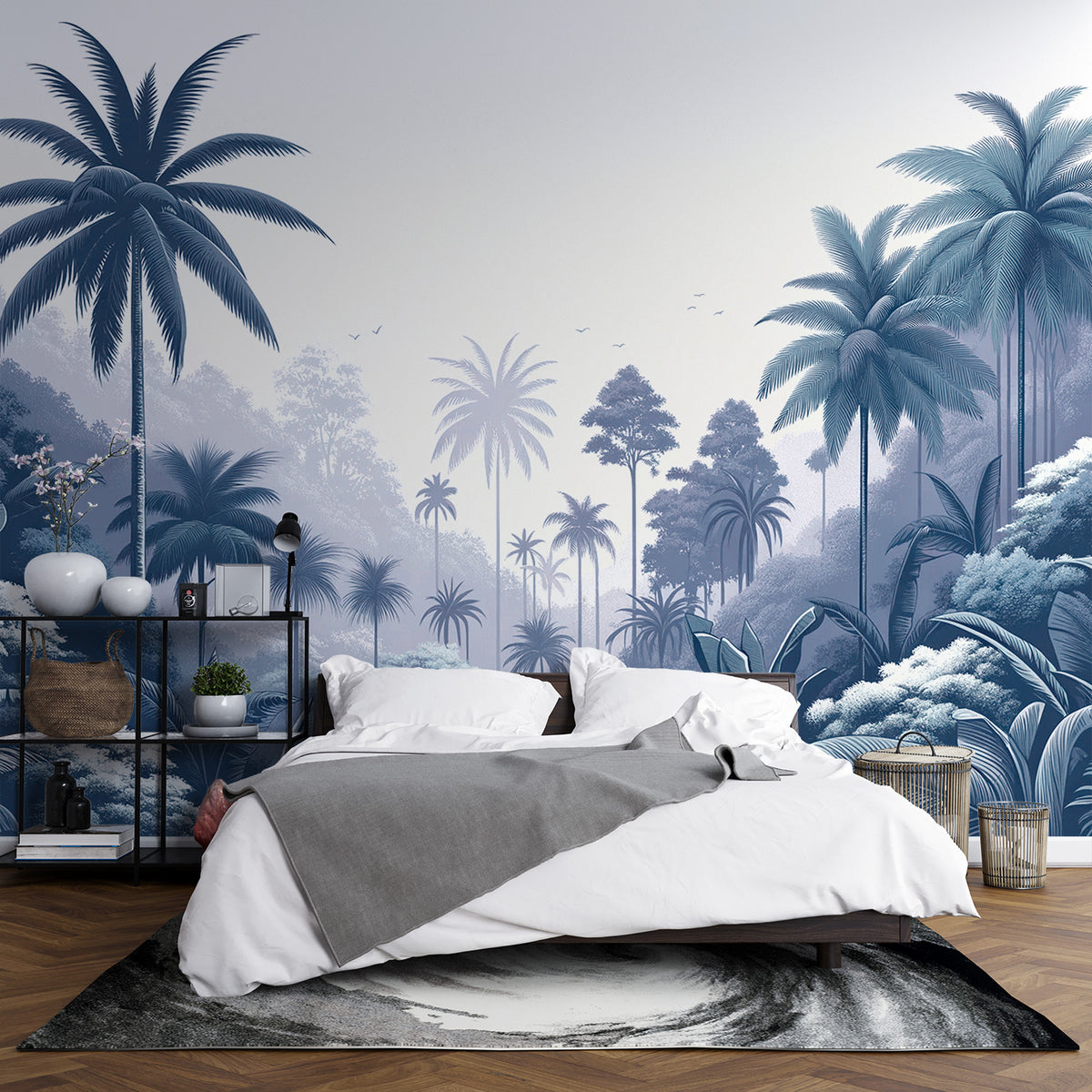 Papier peint jungle bleu canard | Vallée de palmiers bleus — LePapierPeint