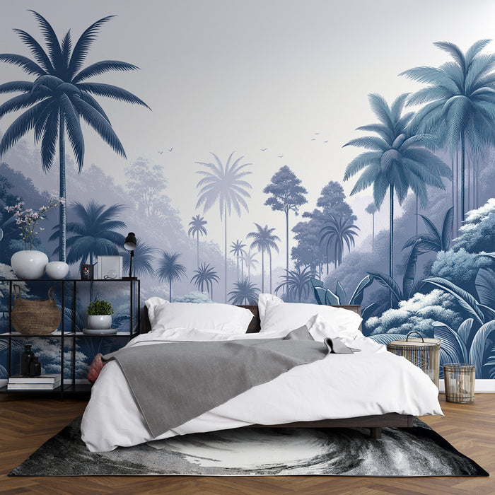 Papier peint jungle bleu canard | Vallée de palmiers bleus