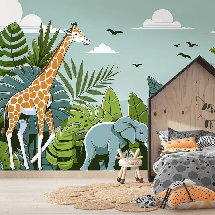 Papier peint jungle enfant | Feuillage, girafe et éléphant